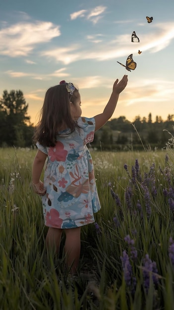 Photo the girl frees the butterfly from moment concept of freedom