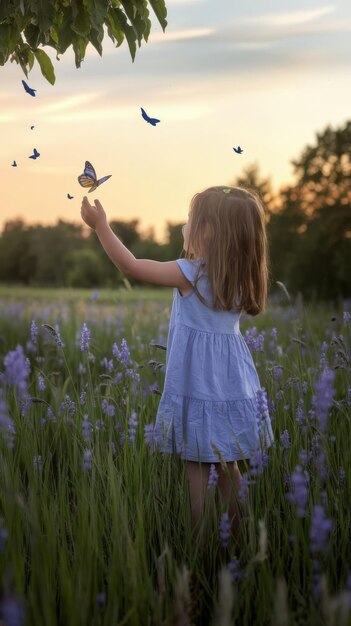 Photo the girl frees the butterfly from moment concept of freedom