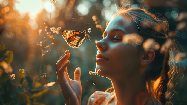 Photo the girl frees the butterfly from moment concept of freedom