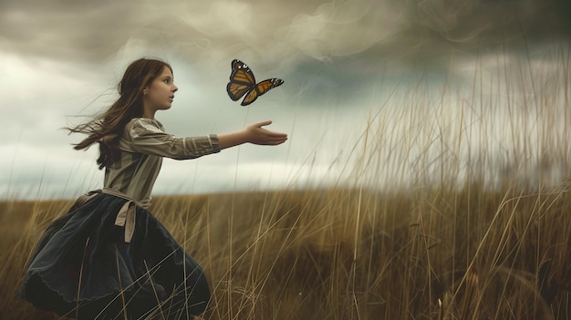 Photo the girl frees the butterfly from moment concept