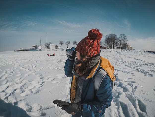 A Girl on Freeze Sea Snow Winter Ice Landscape 