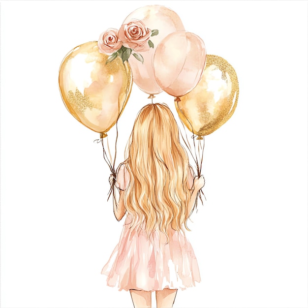 Photo girl from front full body with long blonde hair holds gold and roses balloons in both hands pink illustration