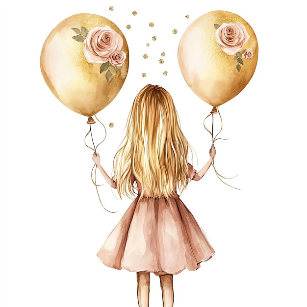 Photo girl from front full body with long blonde hair holds gold and roses balloons in both hands pink illustration