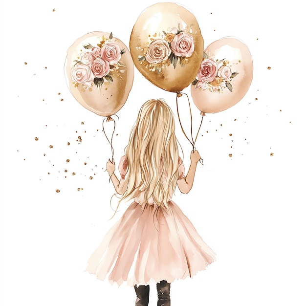 Photo girl from front full body with long blonde hair holds golden balloons in both hands