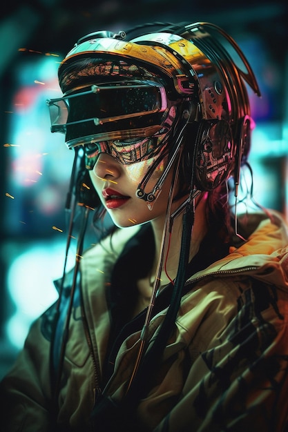 A girl from the future Bright and resonant colorful from the future fantasy science fiction Woman in futuristic costume Augmented reality game future technology AI concept VR