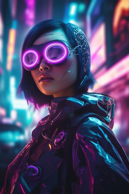 A girl from the future Bright and resonant colorful from the future fantasy science fiction Woman in futuristic costume Augmented reality game future technology AI concept VR