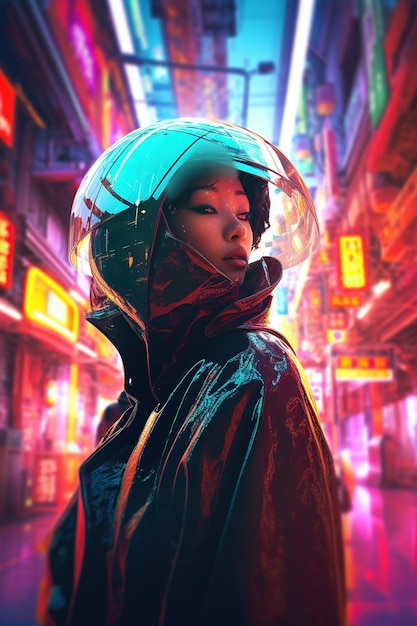 A girl from the future Bright and resonant colorful from the future fantasy science fiction Woman in futuristic costume Augmented reality game future technology AI concept VR