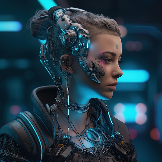 A girl from the future Bright and resonant colorful from the future fantasy science fiction Woman in futuristic costume Augmented reality game future technology AI concept VR