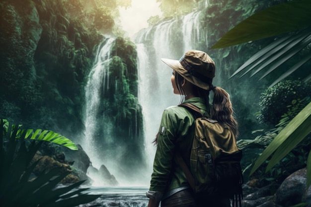 Girl in front of a waterfall in a jungle Generative AI