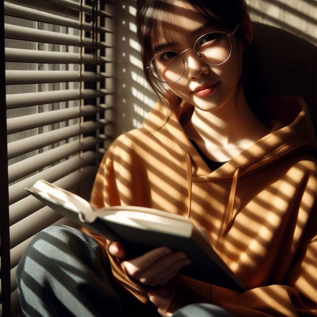 girl in front of a window with blinds holding a book receiving light and shadows through the window