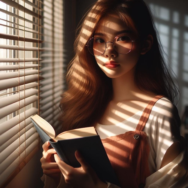 girl in front of a window with blinds holding a book receiving light and shadows through the window