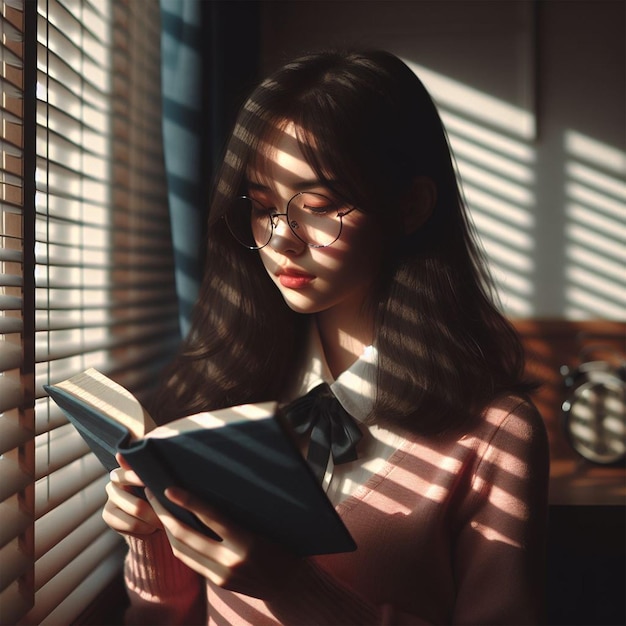 girl in front of a window with blinds holding a book receiving light and shadows through the window