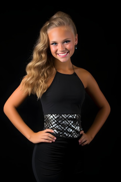 girl full body standing in gymnastics uniform