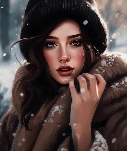 A girl in a fur hat and fur coat with a fur coat and a hat.