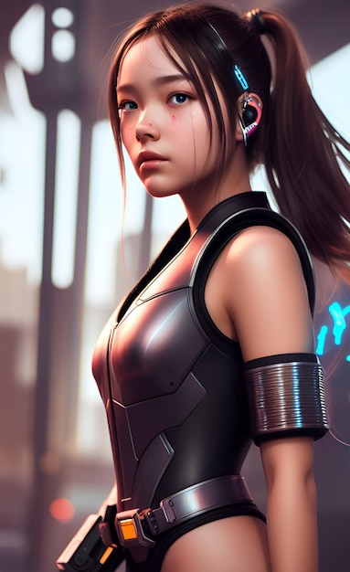 A girl in a futuristic outfit with a headphone in her hair.