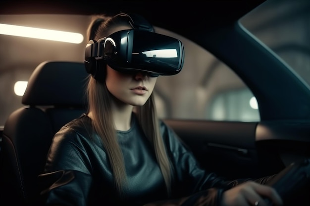 Girl in futuristic VR headset drives car young woman using virtual reality generative AI