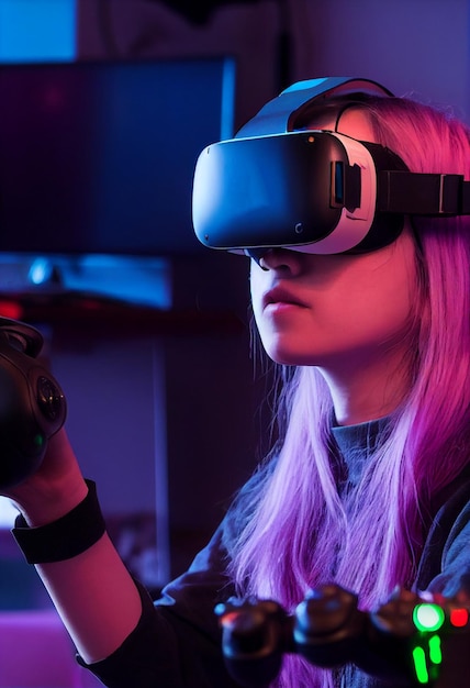 Girl gamer with Virtual Reality VR headset on head cyberpunk stylecomputer game new entertainment