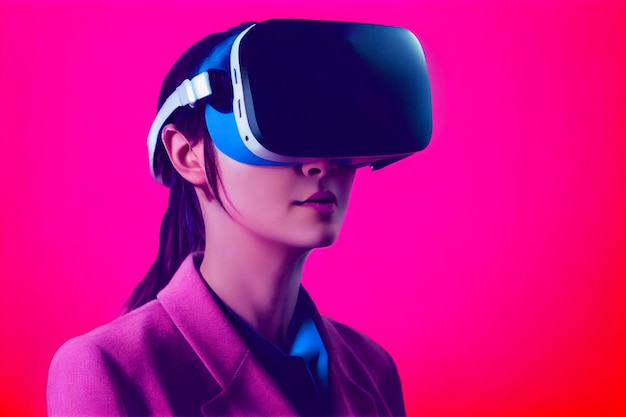 Girl gamer with Virtual Reality VR headset on head cyberpunk stylecomputer game new entertainment