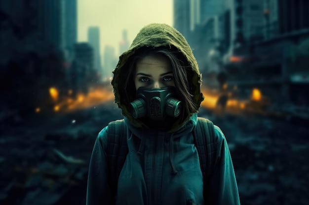 Girl in gas mask stands of street of ruined city after catastrophe Futur world polluted atmosphere