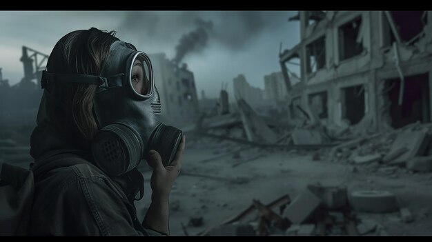 Girl in the gas mask with destroyed city