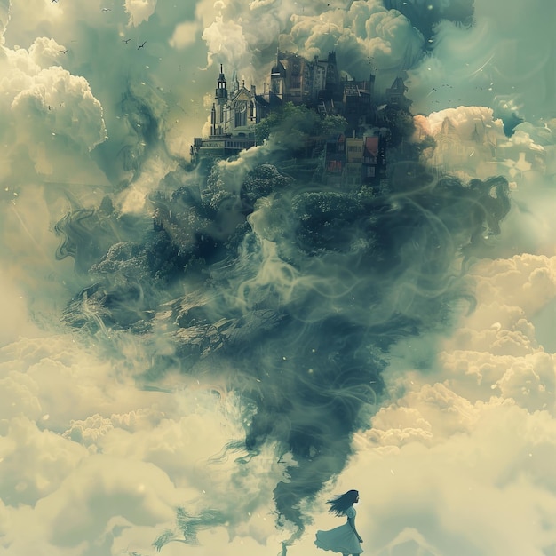 Photo a girl gazes upon a floating city in a whirlwind of clouds