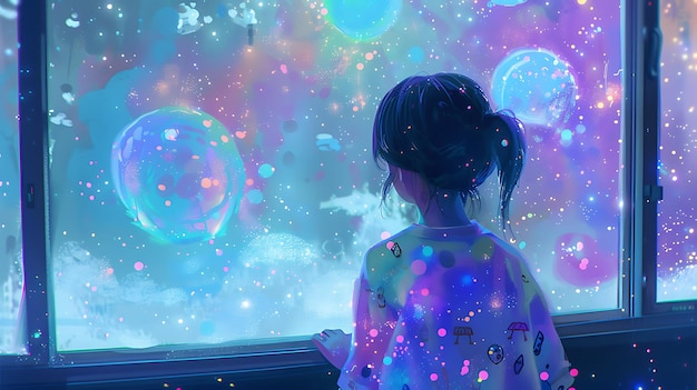 Girl Gazing Out Window at a Magical Night Sky