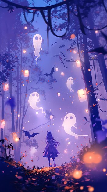 Girl Gazing Up at Ghosts and Lanterns in a Purple Forest