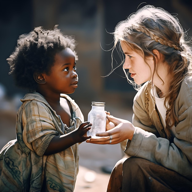 a girl and a girl are looking at a jar of water.