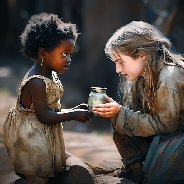 a girl and a girl are looking at a jar.