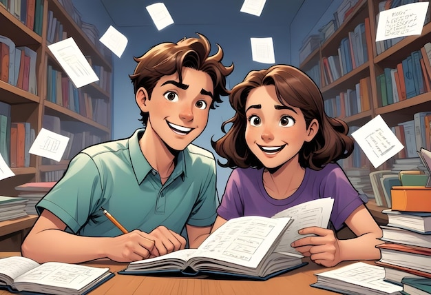 a girl and a girl are sitting at a desk with books