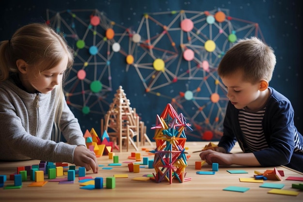 A girl and a girl play with blocks on a table.