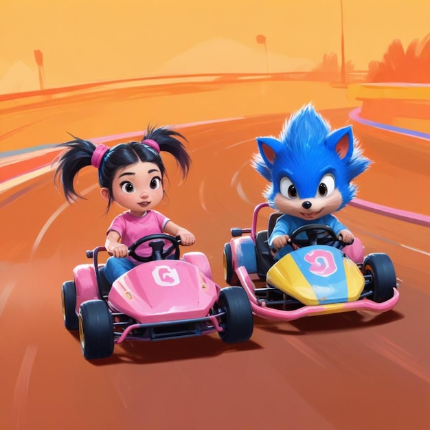 a girl and a girl riding a race car with the letter g on their side