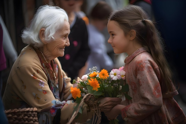 The girl gives flowers to her grandmother Mother's Day Generative AI 2