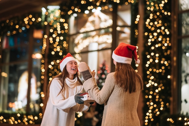 The girl gives a gift to her female friend on the street. Portrait of happy cute young friends