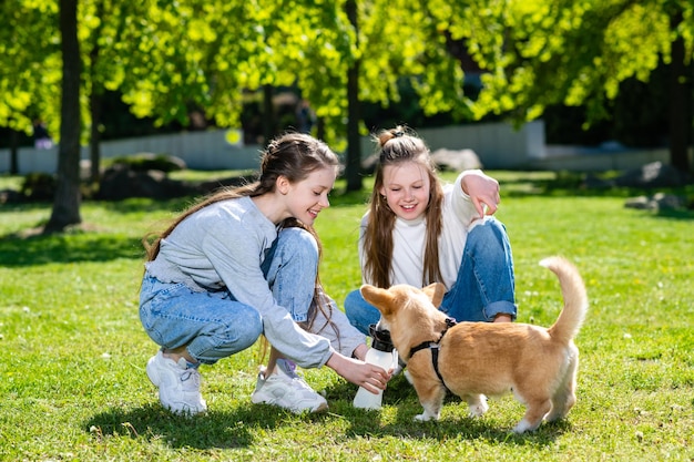 Girl giving her pet dog a drink from her water bottle