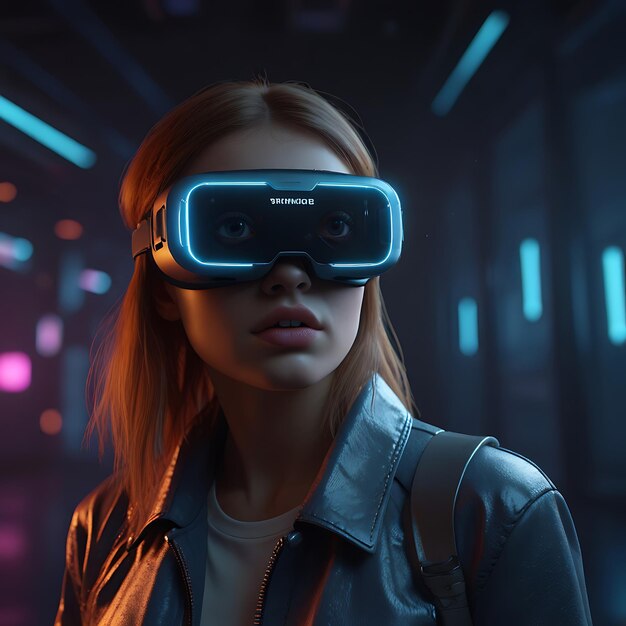 A girl in glasses with Futuristic virtual reality concept VR