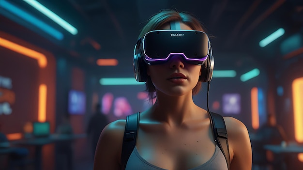 A girl in glasses with Futuristic virtual reality concept VR