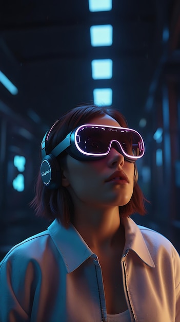 Photo a girl in glasses with futuristic virtual reality concept vr