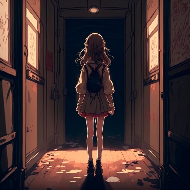 A girl in a gloomy corridor