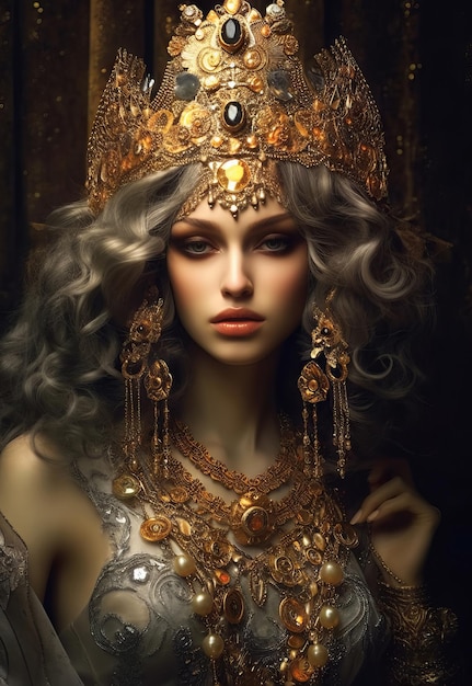 A girl in a golden crown with a blue eye and a gold crown