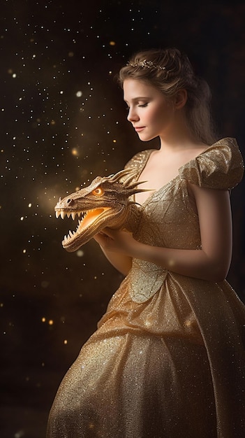 A girl in a golden dress holds a dragon head