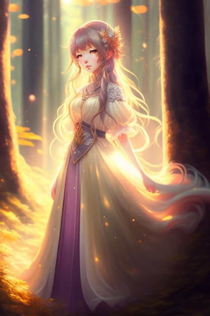 A girl in a golden dress with a light in the middle of the forest