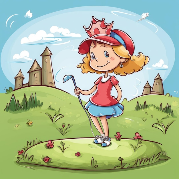 Girl golfer playing a green background cartoon illustration with generative ai