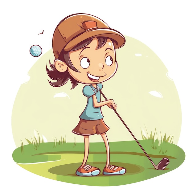 Girl golfer playing a green background cartoon illustration with generative ai