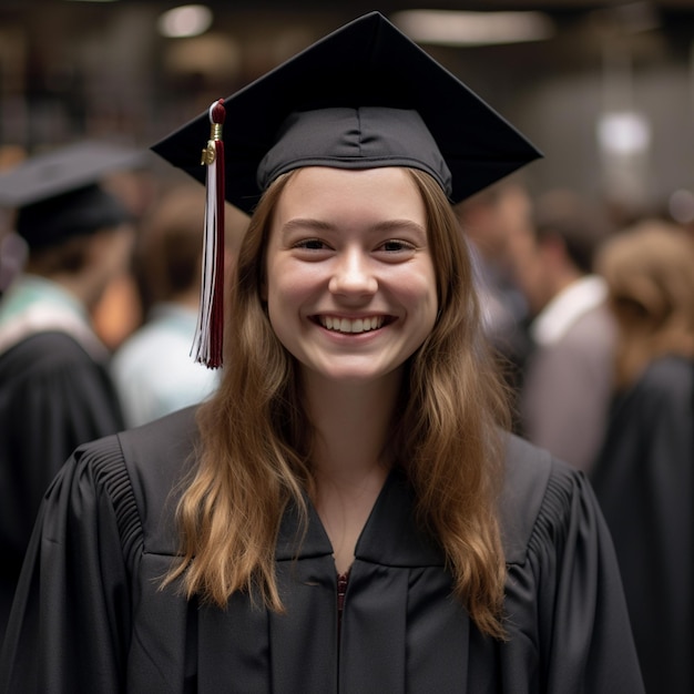 A girl in a graduation cap and gown smiles at the camera.