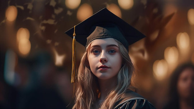 A girl in a graduation cap and gown stands in front of a backdrop of lights.