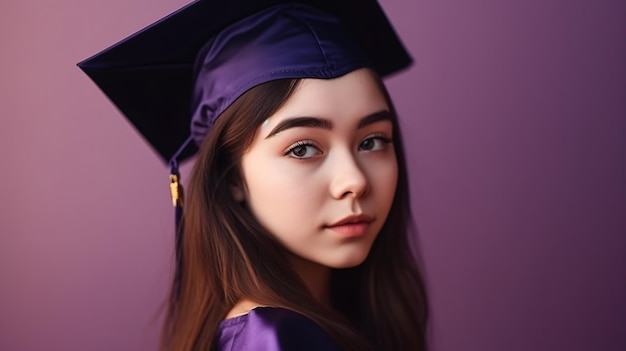 A girl in a graduation cap and gown stands in front of a purple background.