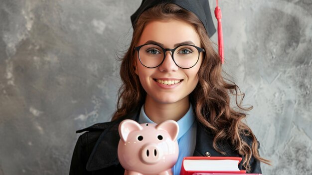 Photo a girl in a graduation cap holds a piggy bank and a book