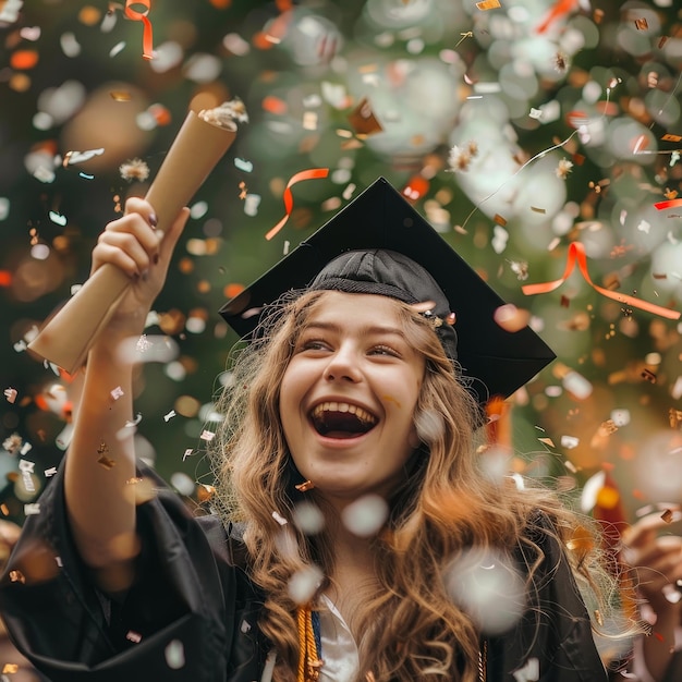 Photo a girl in a graduation cap is smiling and holding a diploma