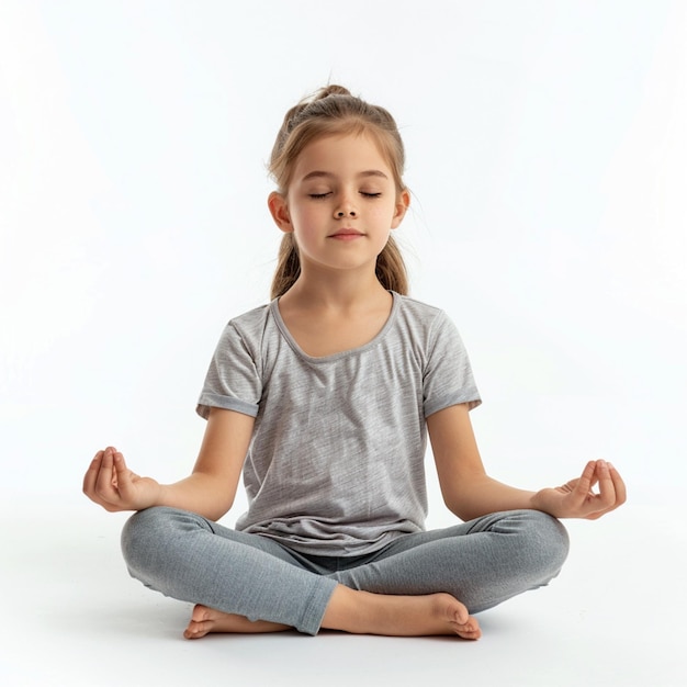 a girl in a gray shirt is doing yoga